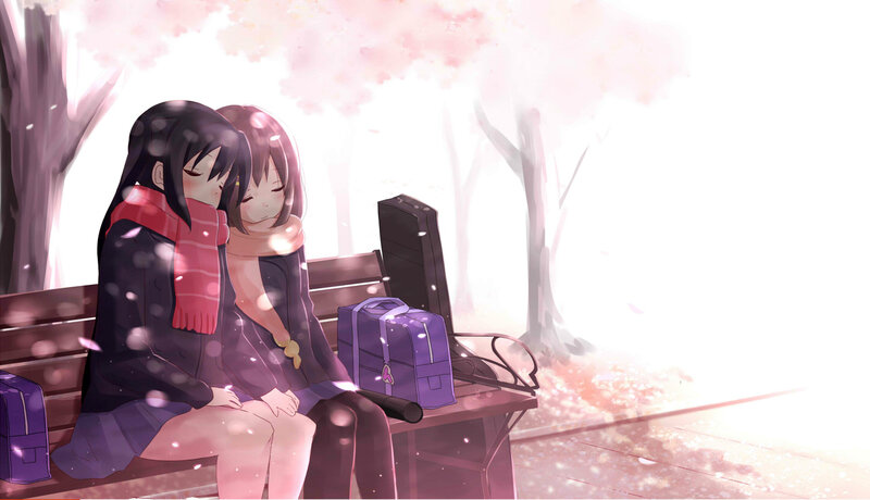 Two Girls on a Bench — Pink, Serene, Spring