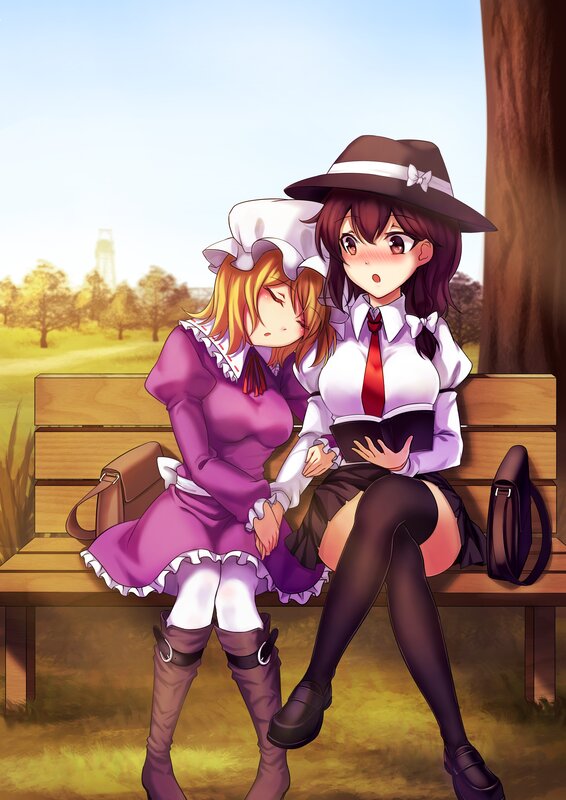 Two Girls on a Bench — Purple, Calm, Afternoon