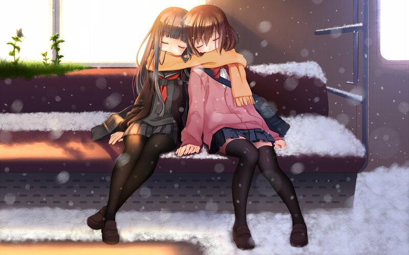 Two Girls on a Bench — Purple, Calm, Winter