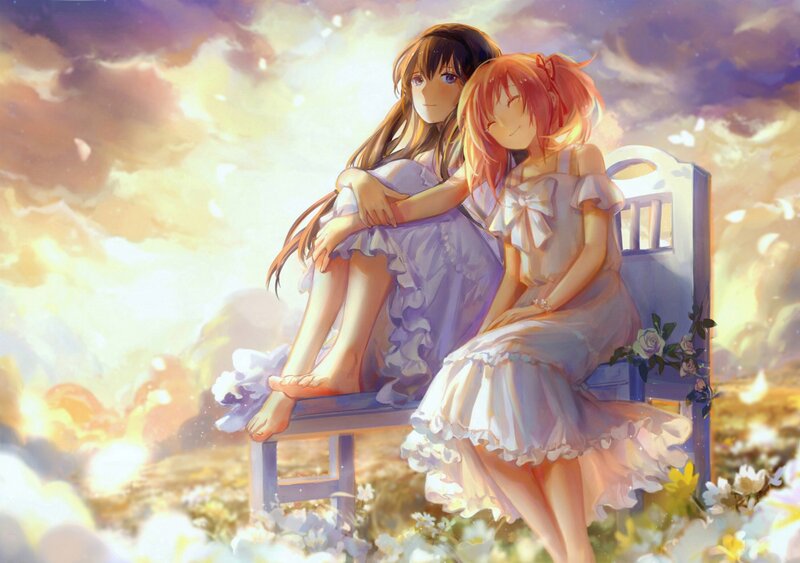 Two Girls on a Bench — Purple, Serene, Sunset