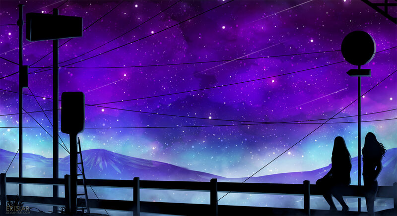 Two Girls on a Bench — Purple, Serene