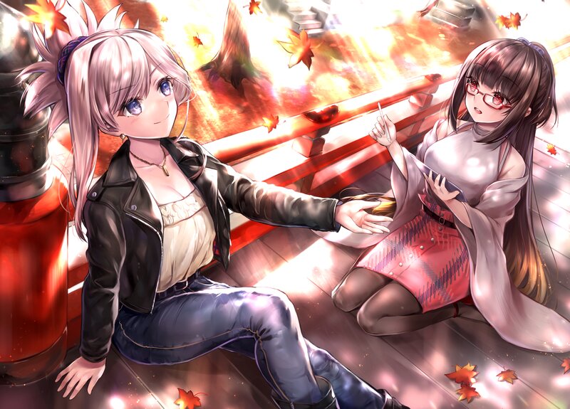 Two Girls on a Bench — Red, Dramatic