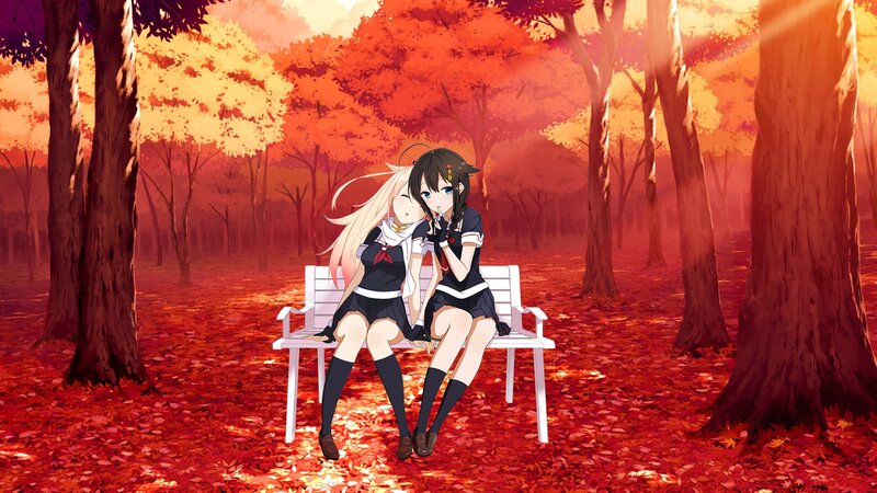 Two Girls on a Bench — Red