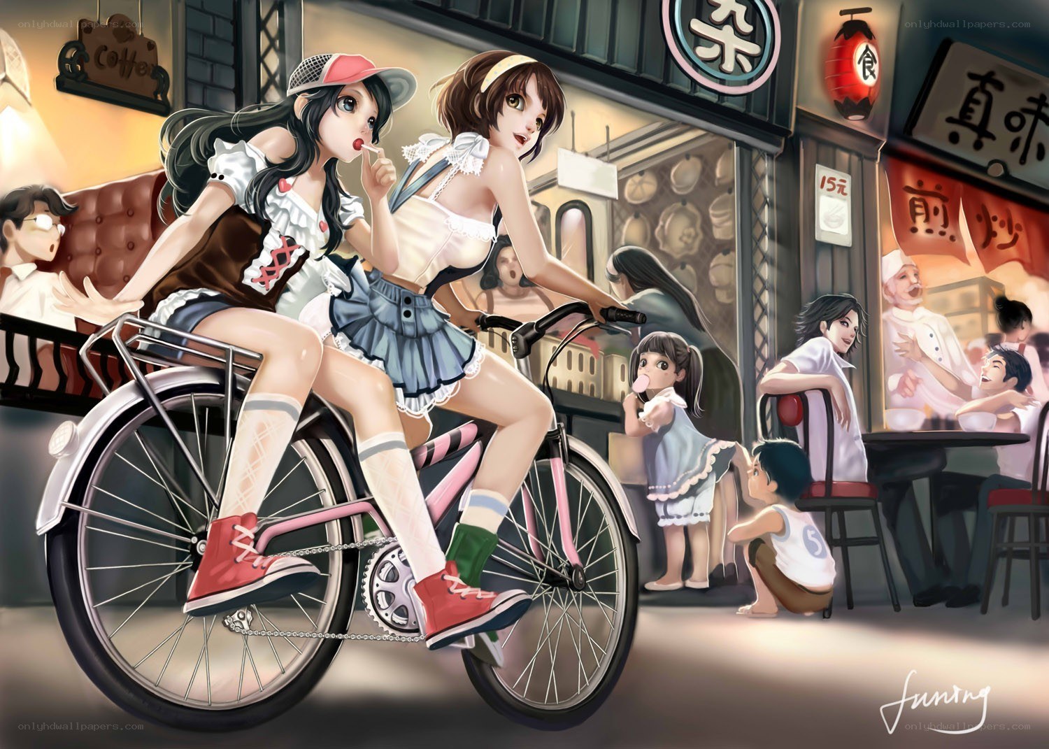 Two girls on a bicycle