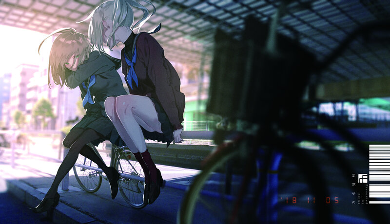 Two Girls on a Bicycle — Blue, Dramatic