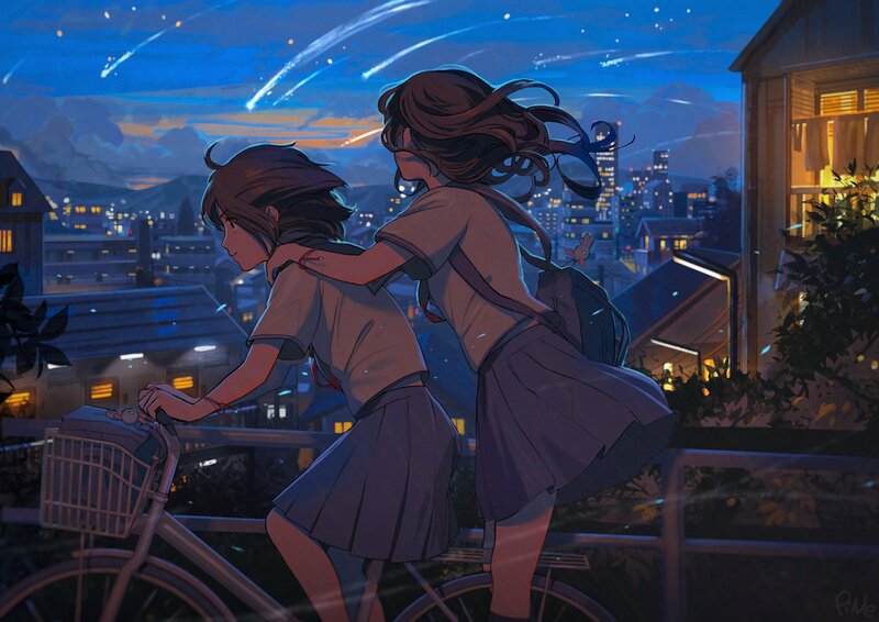 Two Girls on a Bicycle — Blue, Serene, Night