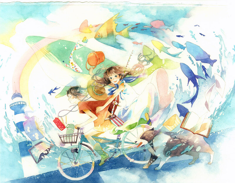 Two Girls on a Bicycle — Blue, Whimsical