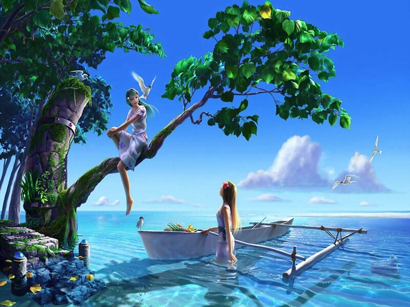 Two Girls on a Boat — Blue, Serene