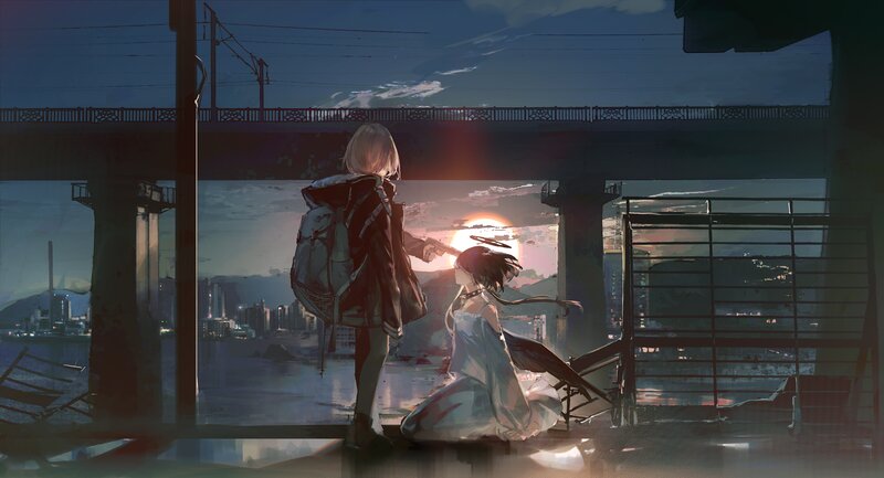 Two Girls on a Bridge — Blue, Dramatic