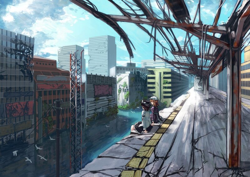 Two Girls on a Bridge — Blue, Dystopian