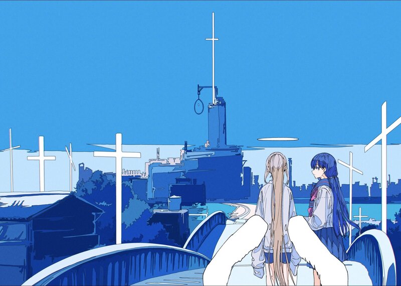 Two Girls on a Bridge — Blue, Serene, Afternoon, Anime, Crosses