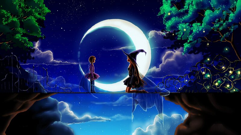 Two Girls on a Bridge — Blue, Serene, Night, Digital Art, Moon
