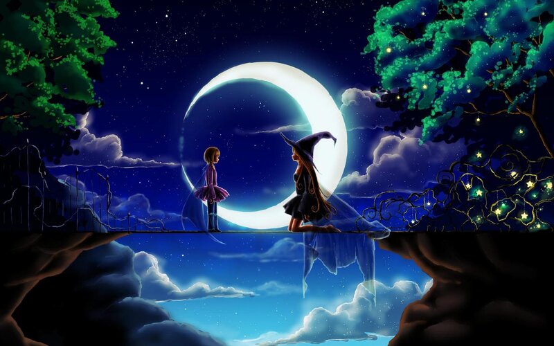 Two Girls on a Bridge — Blue, Serene, Night, Digital Art, Moon, Trees, Stars