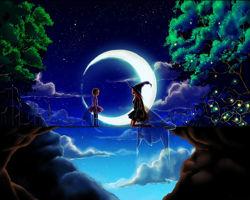 Two Girls on a Bridge — Blue, Serene, Night