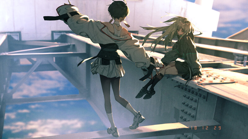 Two Girls on a Bridge — Gray, Dramatic