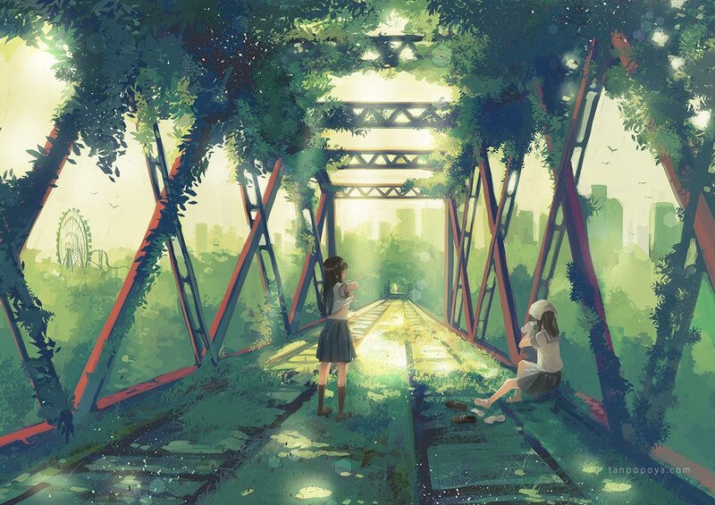 Two Girls on a Bridge — Green, Serene, Afternoon