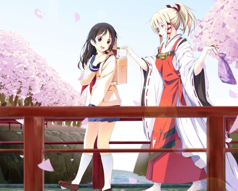 Two Girls on a Bridge — Pink, Serene, Spring, Anime