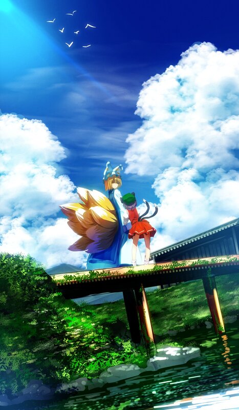 Two girls on a bridge under blue sky