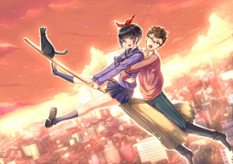 Two Girls on a Broom — Orange