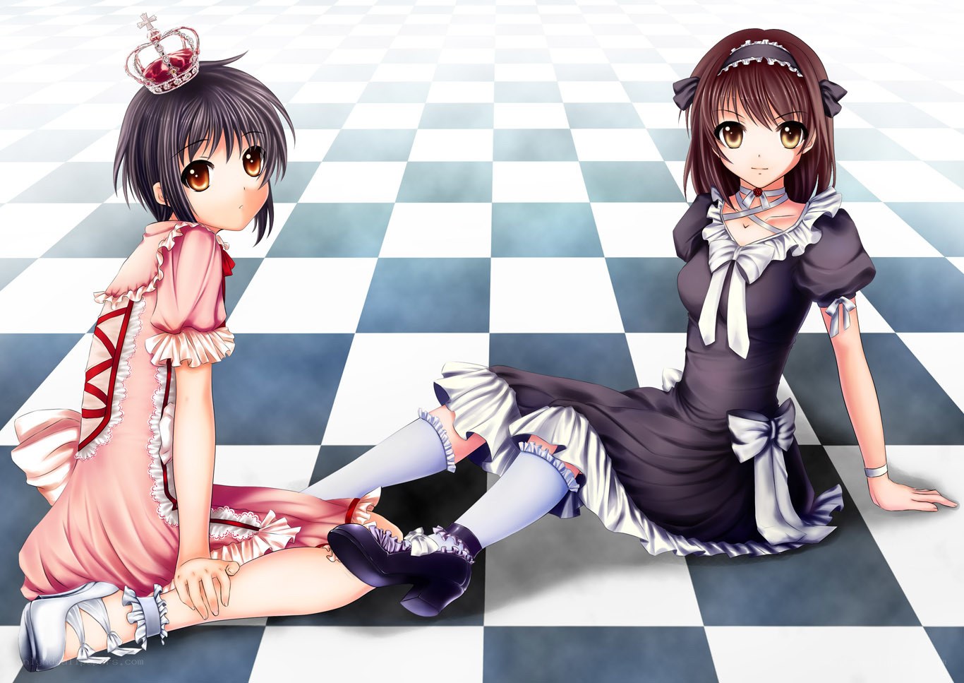 Two girls on a checkered floor