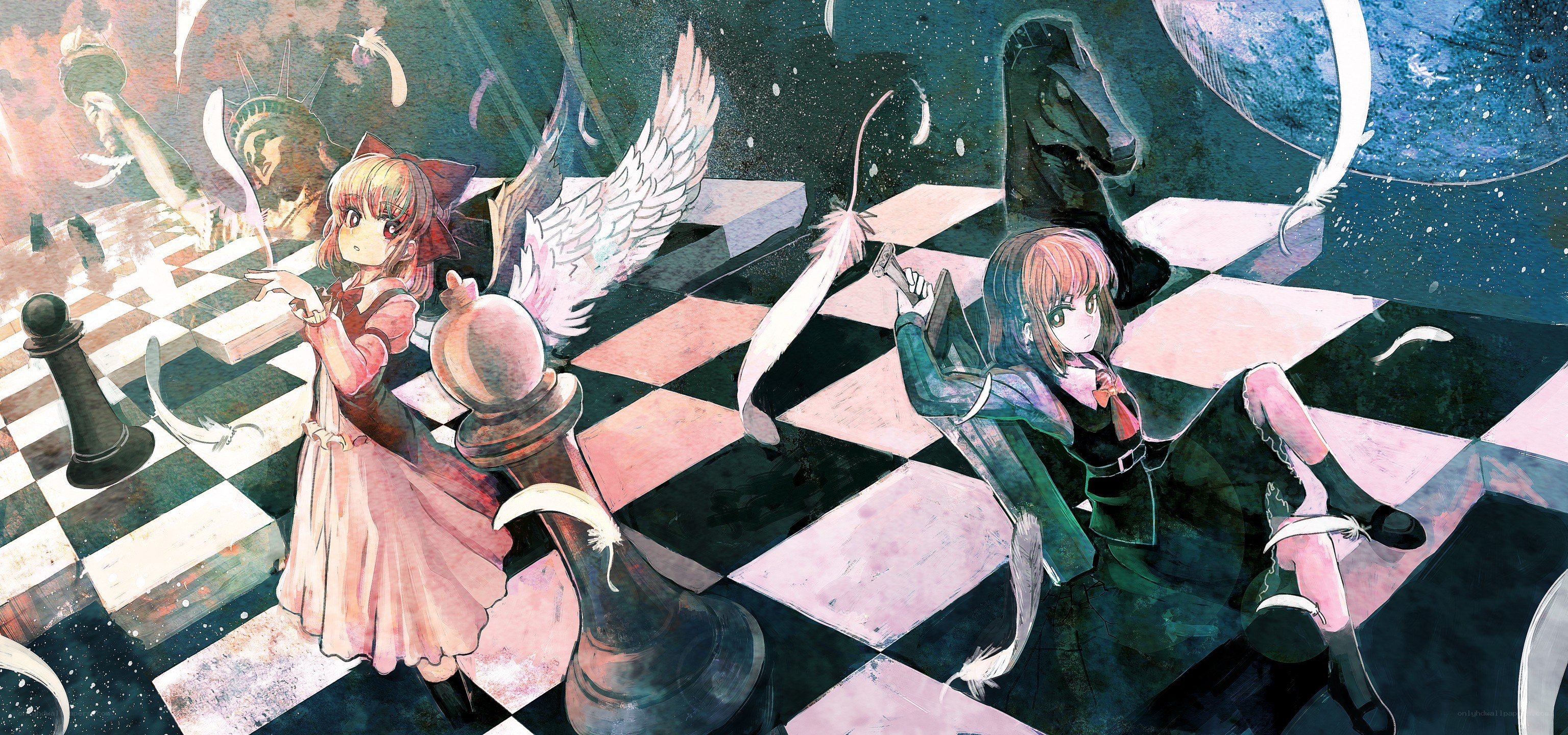 Two girls on a chessboard