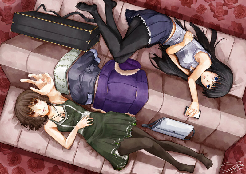 Two Girls on a Couch — Pink, Relaxed