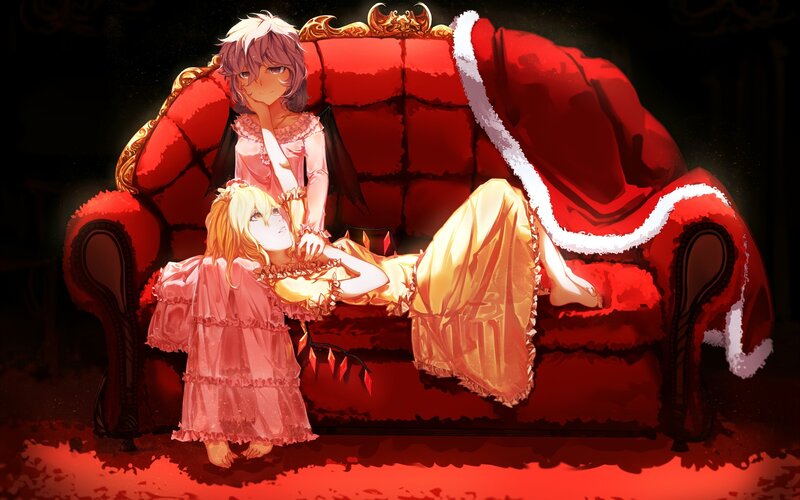 Two Girls on a Couch — Red, Dramatic