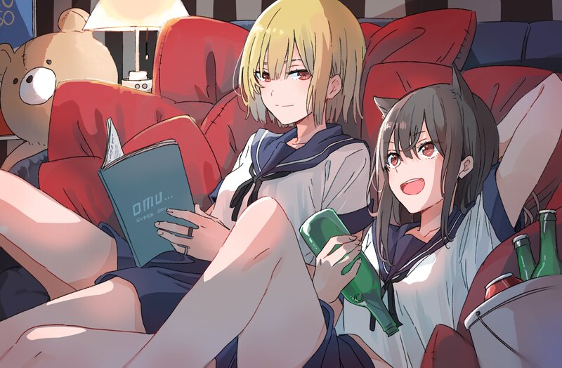 Two Girls on a Couch — Red, Relaxed, Night