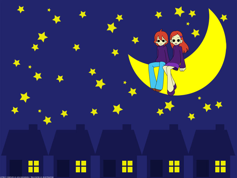 Two Girls on a Crescent Moon — Blue, Serene