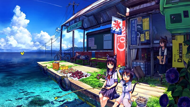 Two Girls on a Dock — Blue, Serene, Afternoon, Anime, Anime Characters