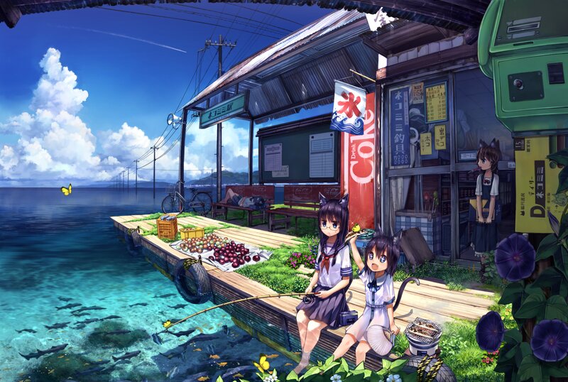 Two Girls on a Dock — Blue, Serene, Afternoon, Anime, Cat Ears