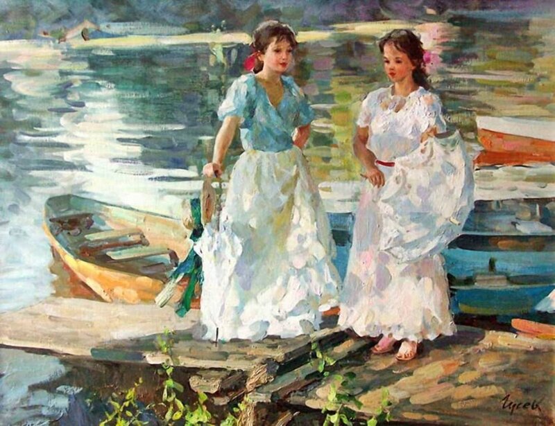Two Girls on a Dock — Blue, Serene, Afternoon, Painting