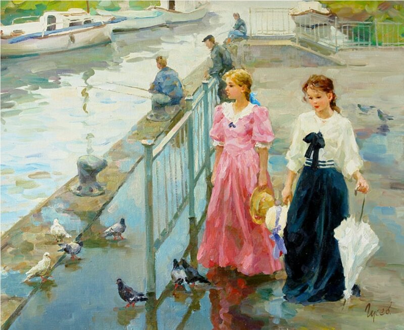 Two Girls on a Dock — Pink