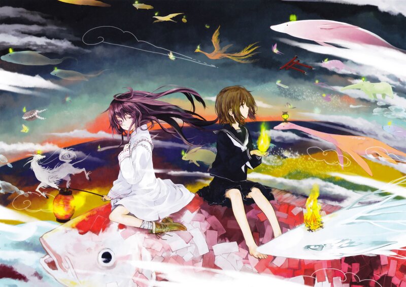 Two girls on a fish in a dreamlike sky