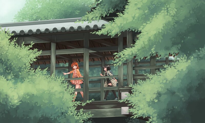 Two girls on a garden porch