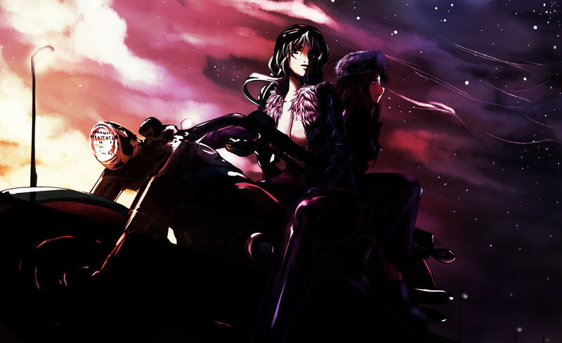Two girls on a motorcycle at dusk