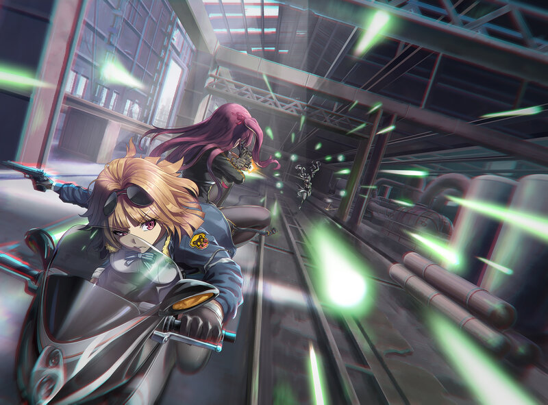 Two Girls on a Motorcycle — Purple, Action-packed