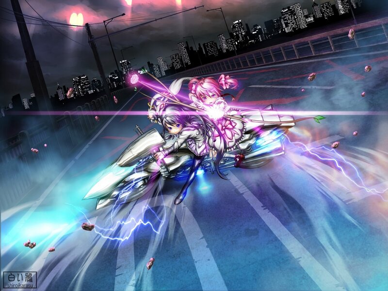 Two Girls on a Motorcycle — Purple, Dramatic, Night