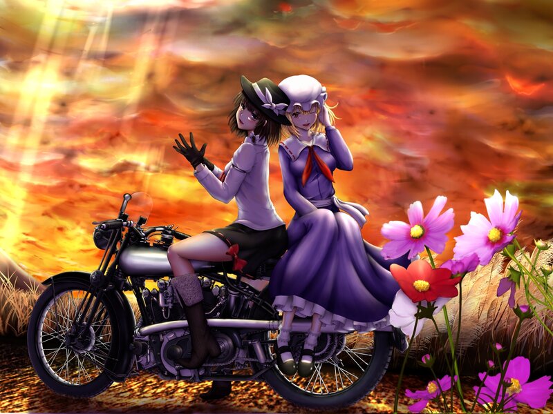 Two Girls on a Motorcycle — Purple, Dramatic, Sunset