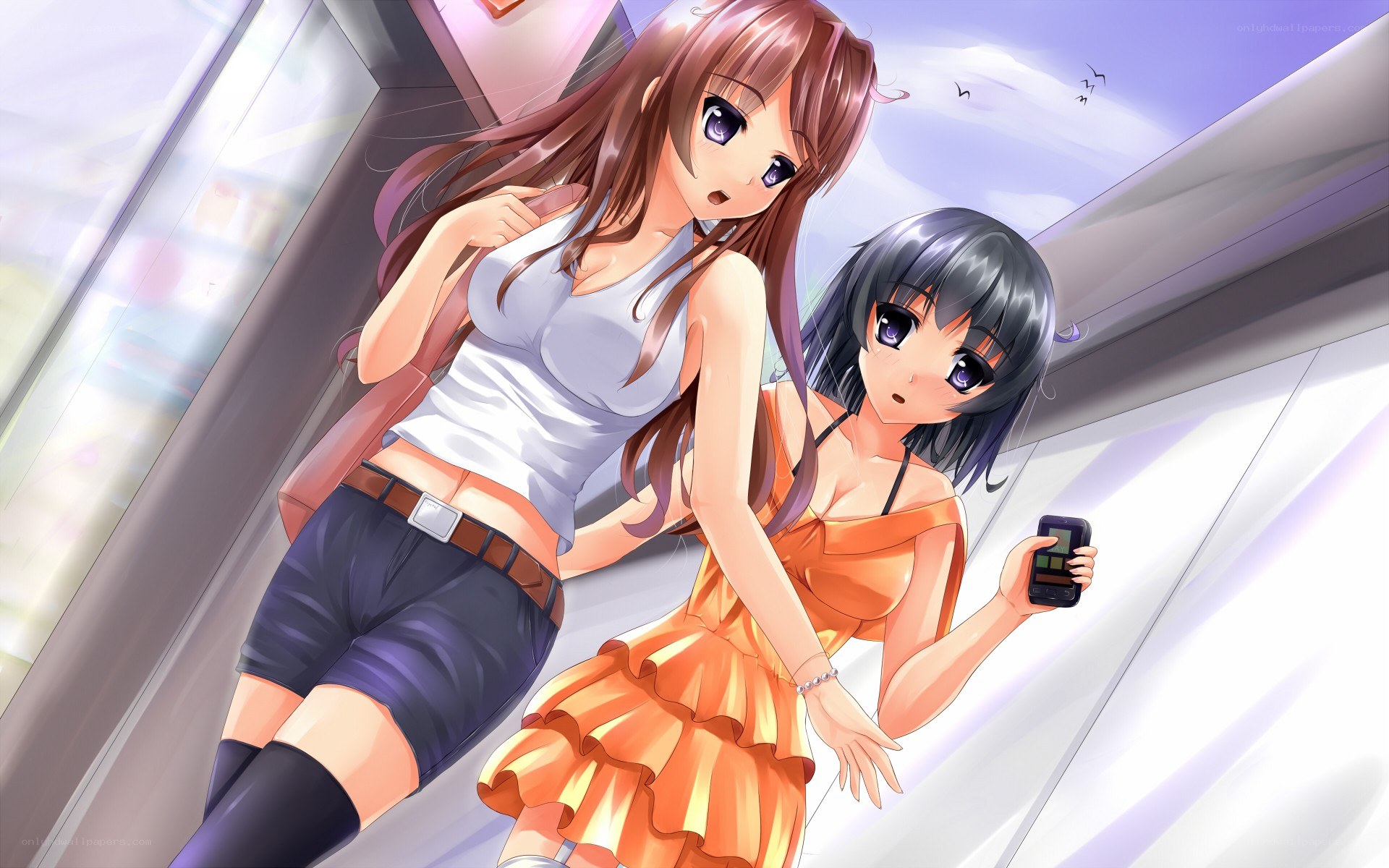 Two girls on a moving walkway