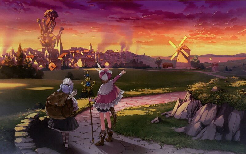 Two girls on a path at sunset