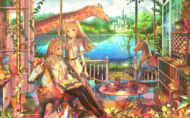 Two girls on a porch with animals