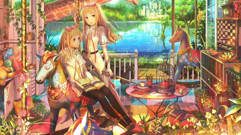 Two girls on a porch with horses