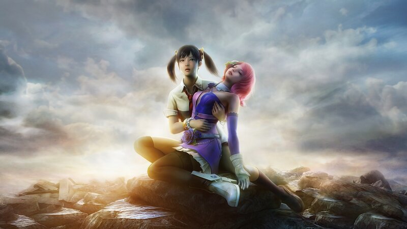 Two girls on a rocky cliff