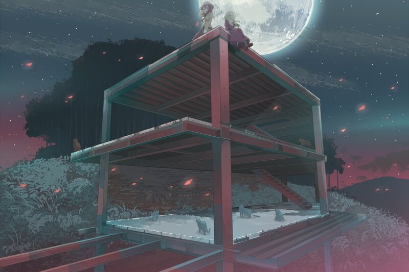 Two girls on a rooftop at night