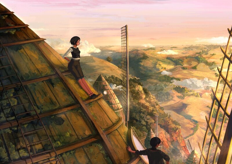 Two girls on a rooftop at sunset
