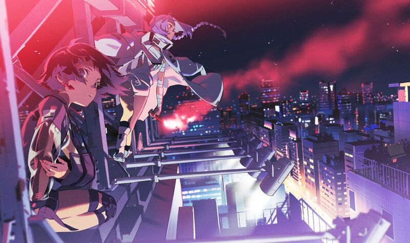 Two Girls on a Rooftop — Purple, Dramatic, Night