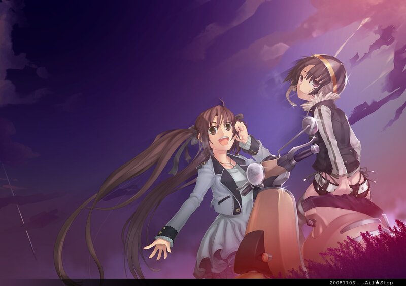 Two girls on a scooter at dusk