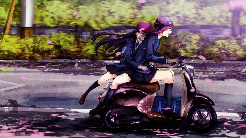Two Girls on a Scooter — Purple, Dynamic, Spring, Anime