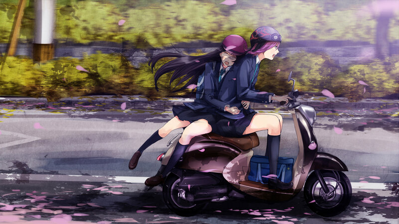 Two Girls on a Scooter — Purple, Dynamic, Spring